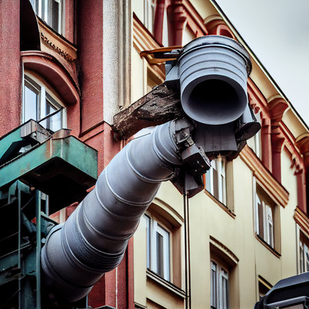 process of replacement of downpipes in the city against background of building work, created with generative aiの素材