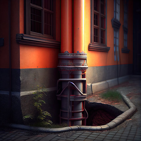replacement of downpipes in the city and foundation of buildings, created with generative aiの素材