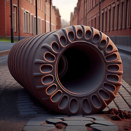 sewer pipe of old design replaced on streets replacement of downpipes in the city, created with generative aiの素材