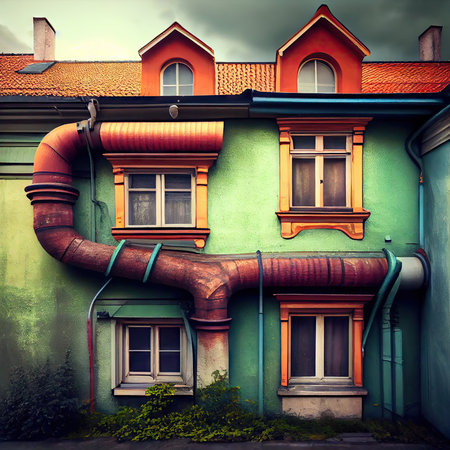 house with gutters and pipes in need of repair replacement of downpipes in the city, created with generative aiの素材