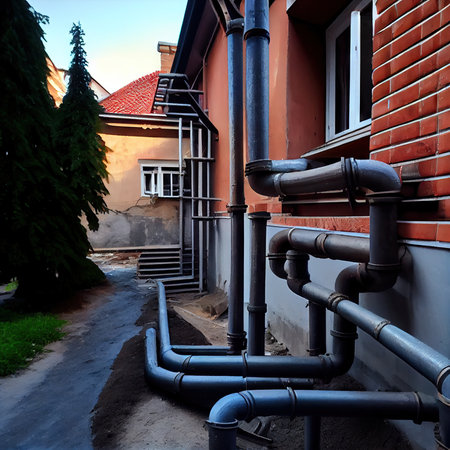 installation of modern metal pipes in house replacement of downpipes in the city, created with generative aiの素材