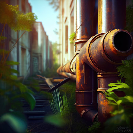 old rusty long pipes in suburb of city on blurred background replacement of downpipes in the city, created with generative aiの素材