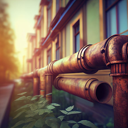 old rusty long pipes in suburb of city on blurred background replacement of downpipes in the city, created with generative aiの素材