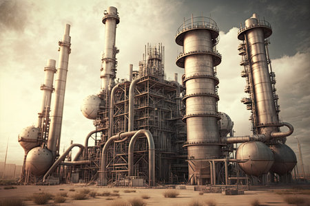 smoking chimneys and pipes at production of petroleum at oil refinery complex of petroleum factory, created with generative aiの素材