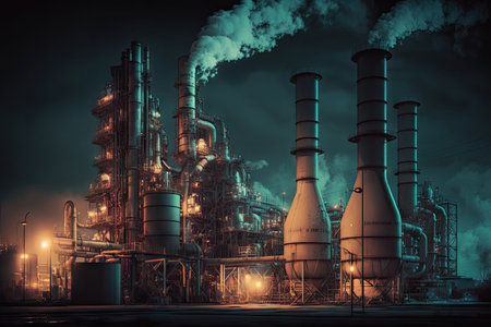 night view of working oil refinery complex with smoke stacks, created with generative aiの素材