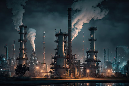 night view of working oil refinery complex with smoke stacks, created with generative aiの素材