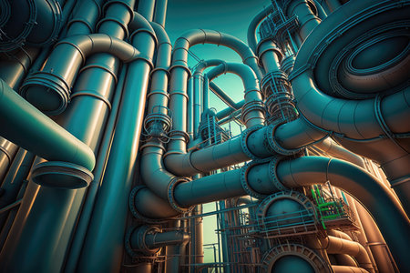 complex of pipes and pipelines at refinery plant, created with generative aiの素材