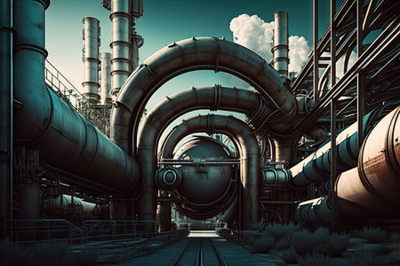 complex of pipes and pipelines at refinery plant, created with generative aiの素材