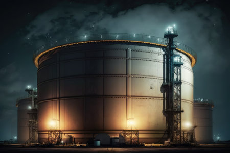 large industrial oil tank in night view at petrochemical plant or refinery complex, created with generative aiの素材