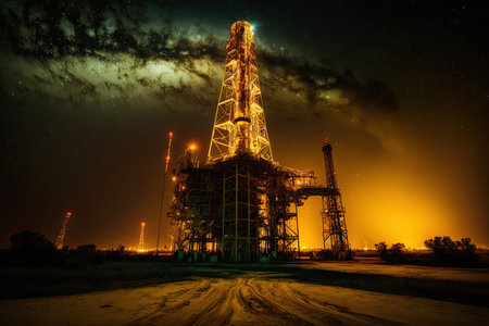 night photo of oil derrick in picture about refinery complex, created with generative aiの素材