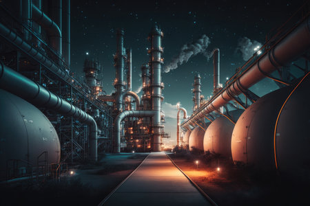 oil and gas pipelines at night in factory of refinery complex, created with generative aiの素材