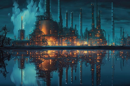 working oil-refining and chemical factory on shore of reservoir in nightlights, refinery complex, created with generative aiの素材