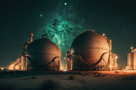night view of tanks at refinery complex against luminous sky, created with generative aiの素材
