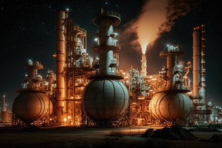 night view of large oil refinery complex with flame turbines and storage tanks, created with generative aiの素材