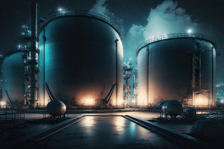 night view of large oil tanks at repair shop of refinery complex, created with generative aiの素材