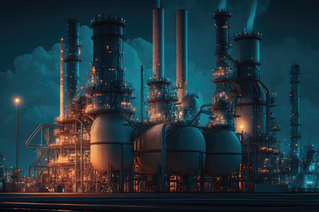 bright illuminated towers of oil processing and petroleum products production units at refinery complex, created with generative aiの素材