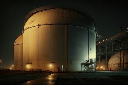 night view of large oil tank belonging to processing plant refinery complex, created with generative aiの素材