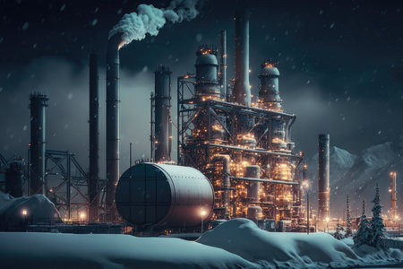 oil refinery with pipelines for transportation and storage at night in winter, refinery complex, created with generative aiの素材