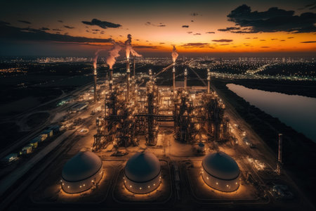 evening view from aerial drone at oil products storage of refinery complex, created with generative aiの素材