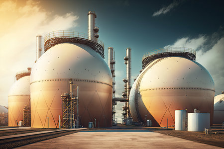 huge towers and tanks for oil storage at refinery complex, created with generative aiの素材