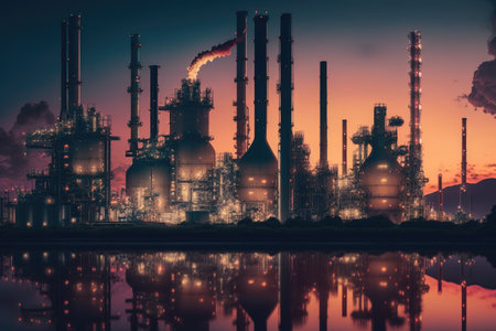huge towers of industrial oil refinery in twilight, refinery complex, created with generative aiの素材