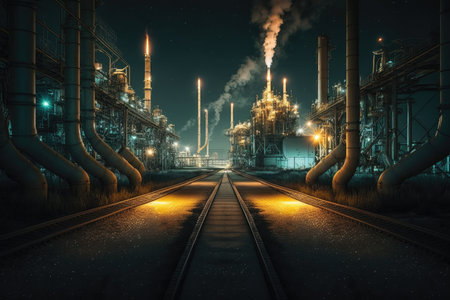 oil pipelines at night in area of factory and refinery complex, created with generative aiの素材