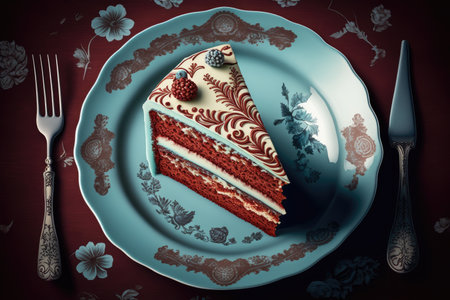 delicious homemade red velvet cake on plate with patterns, created with generative aiの素材