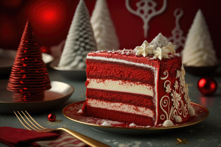 delicious christmas dessert in form of festive red velvet cake, created with generative aiの素材