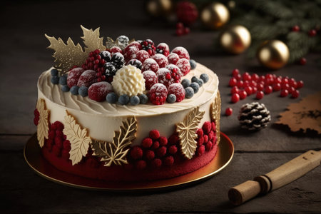 christmas treat red velvet cake decorated with cream and berries, created with generative aiの素材