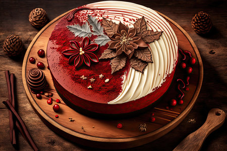 round festive red velvet cake with cream and chocolate decorations on wooden board, created with generative aiの素材