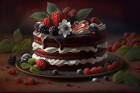 chocolate biscuit with cream and berries for festive holiday red velvet cake, created with generative aiの素材