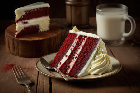 sweet homemade red velvet cake with cream on table, created with generative aiの素材