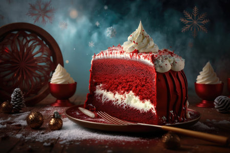 round festive red velvet cake with cream on table, created with generative aiの素材