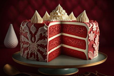 festive homemade red velvet cake with cream filling and patterns, created with generative aiの素材