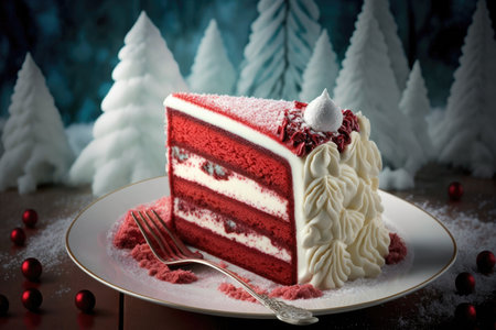 appetizing christmas dessert in form of berry cream red velvet cake, created with generative aiの素材