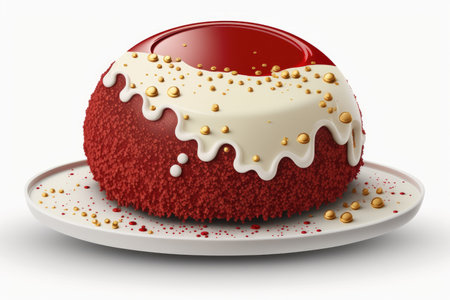 homemade round red velvet cake on white background, created with generative aiの素材