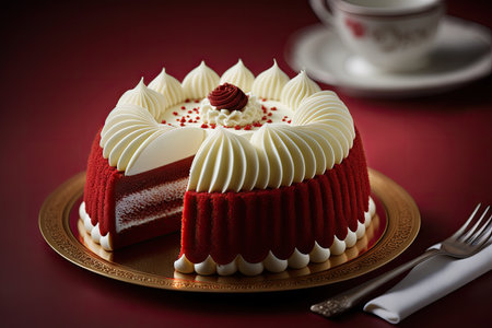 round beautiful festive red velvet cake with cream lying on table, created with generative aiの素材