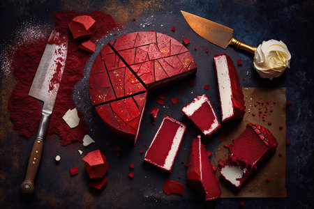 cut pieces of red velvet cake in preparation for new years party, created with generative aiの素材