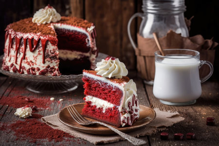 sweets for holiday delicious red velvet cake with cream on table, created with generative aiの素材
