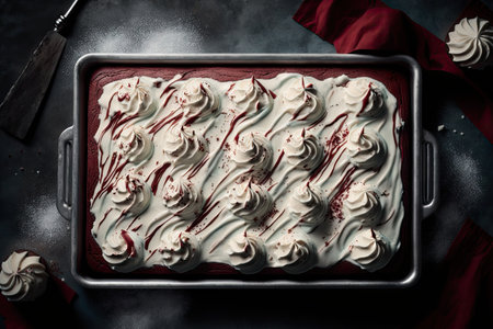 traditional holiday dessert red velvet cake laid out on baking sheet, created with generative aiの素材