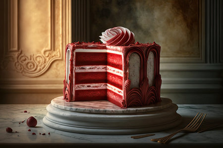 sweet dessert multi-layered red velvet cake on marble table, created with generative aiの素材