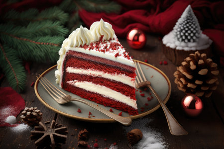 traditional christmas dessert red velvet cake on table, created with generative aiの素材
