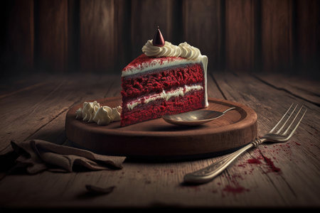 delicious tart red velvet cake on wooden table, created with generative aiの素材