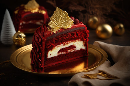 homemade festive dessert in form of red velvet cake with cream and gold decoration, created with generative aiの素材