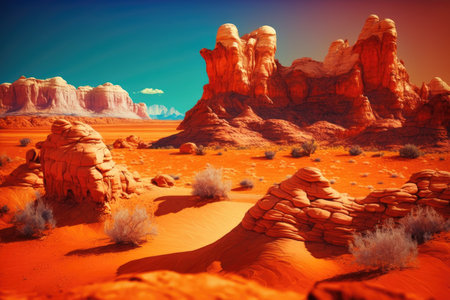 beautiful surreal landscape of red rock formations in orange desert, created with generative aiの素材