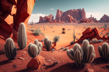 fantastic rocky desert with natural red rock formations and cacti, created with generative aiの素材