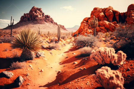 fantastic rocky desert with natural red rock formations and cacti, created with generative aiの素材