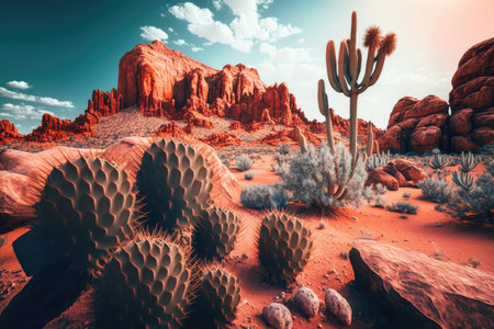 fantastic rocky desert with natural red rock formations and cacti, created with generative aiの素材