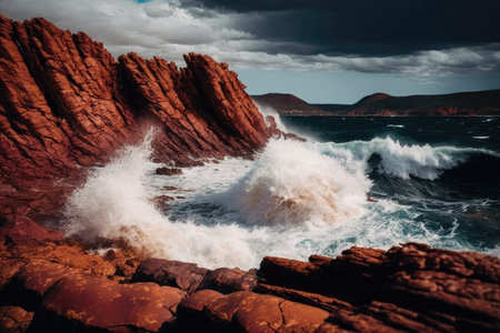 waves crashing against red rock formations of coast in south, created with generative aiの素材