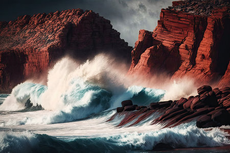 waves crashing against red rock formations of coast in south, created with generative aiの素材